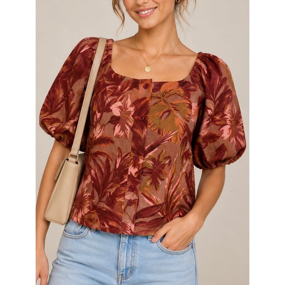 NWT Joie Floral Puff Sleeve Button Front Blouse Linen Blend Brown Pink Size XS